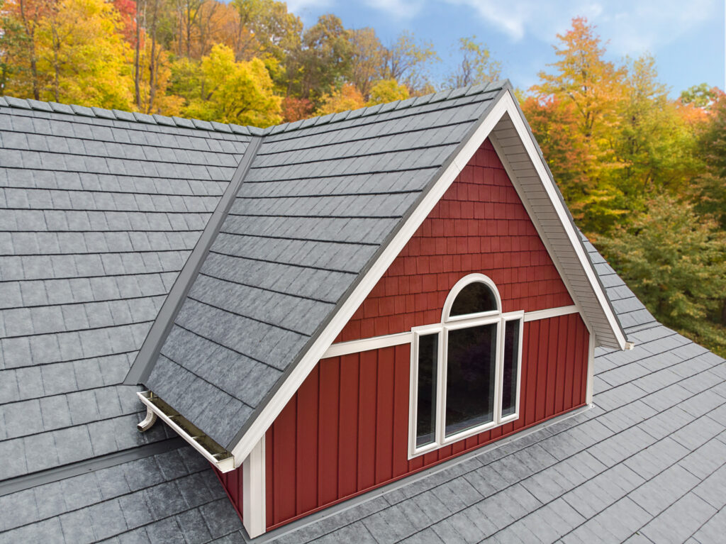 ProVia metal slate roofing on a red Ohio home